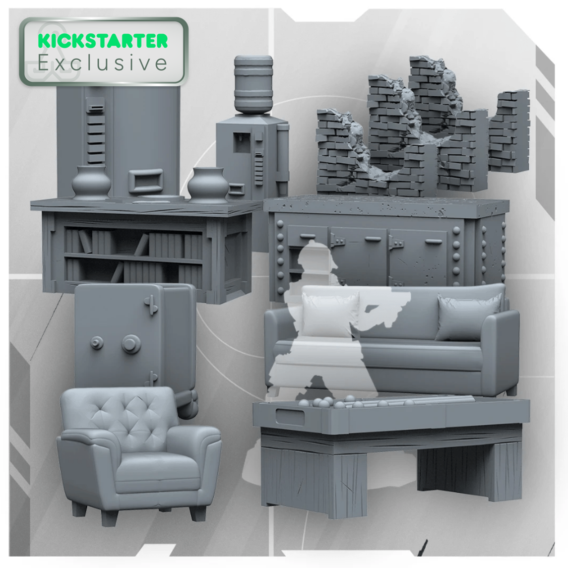 Kickstarter Exclusive 3D Scenery Set from 6: siege the board game, operator scale