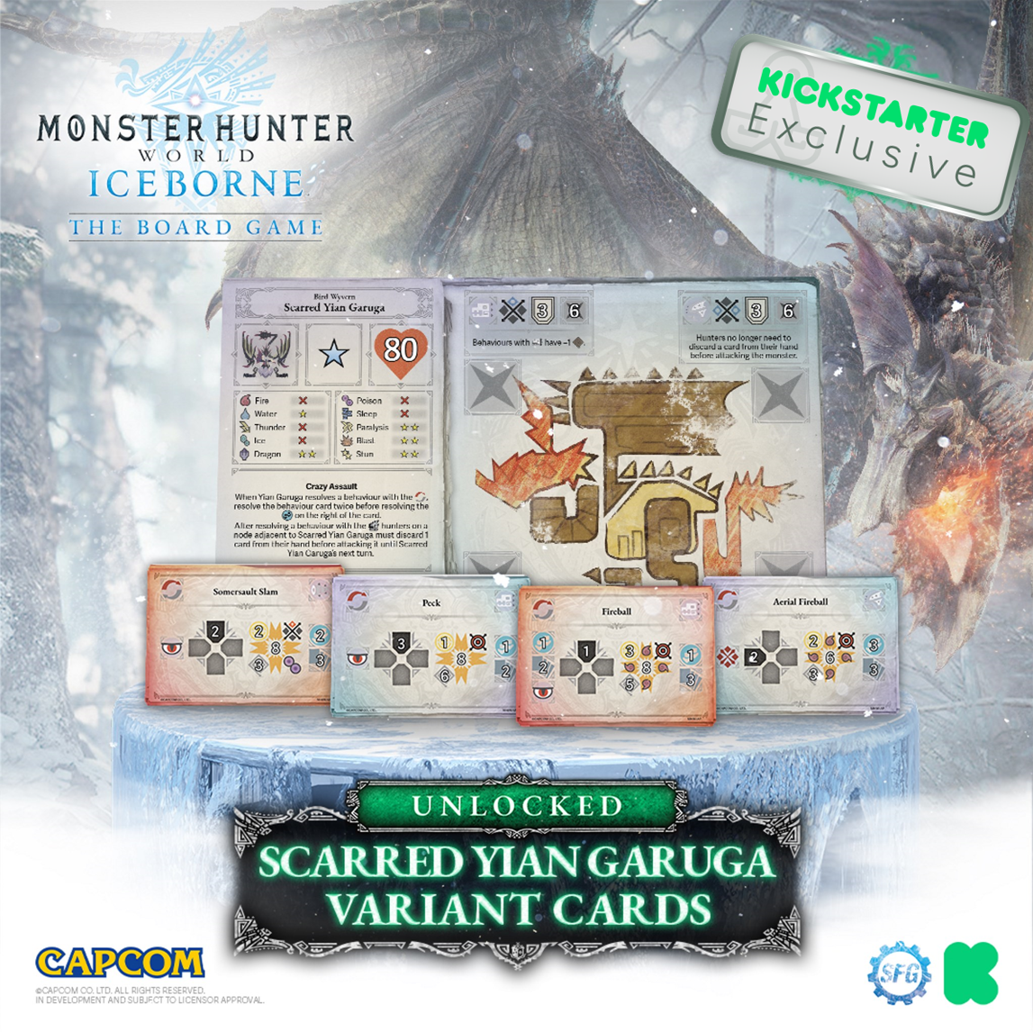 Kickstarter Exclusive Monster Hunter World Iceborne: The Board Game Moonlit Howl Expansion, Scarred Yian Garuga Variant Cards