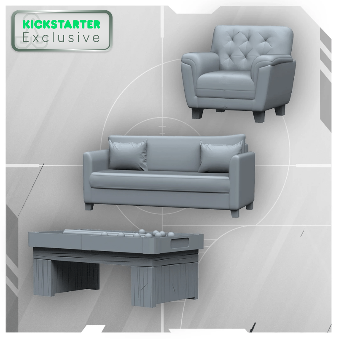 Kickstarter Exclusive 3D Scenery Set from 6: siege the board game, Sofa, Couch, and Pool Table